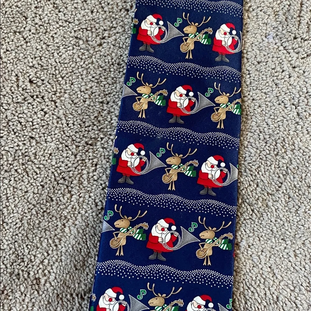 Hallmark Holiday Traditions Christmas Silk Tie Navy Santa Reindeer Festive